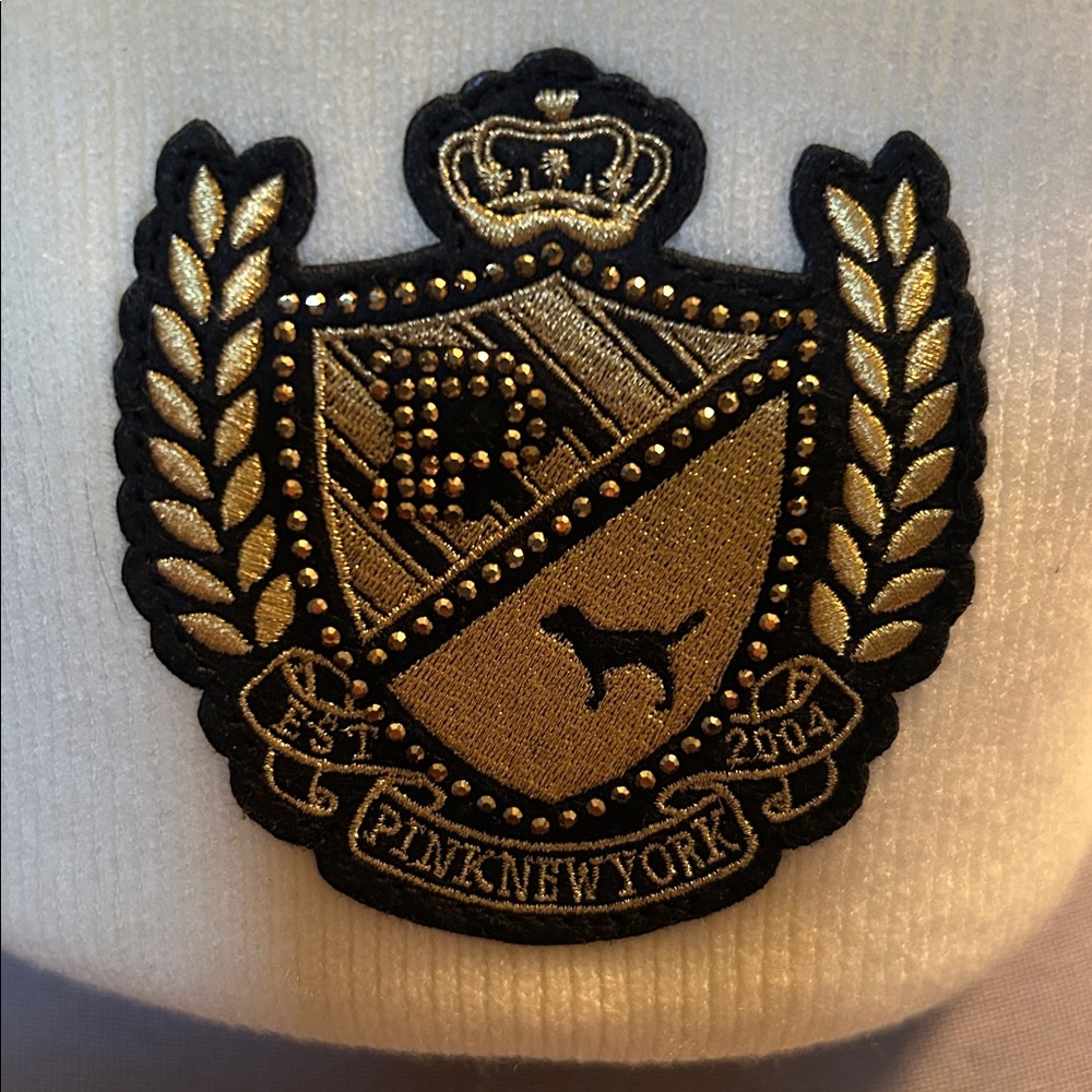 PINK Victoria's Secret White Beanie with Gold Emblem - Picture 8 of 8
